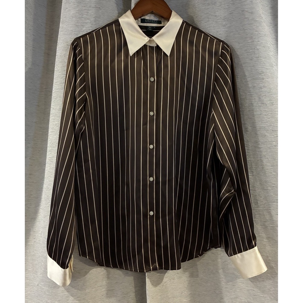 Lauren Ralph Lauren 100% Silk Button Down Shirt Brown White Stripe Size 10
